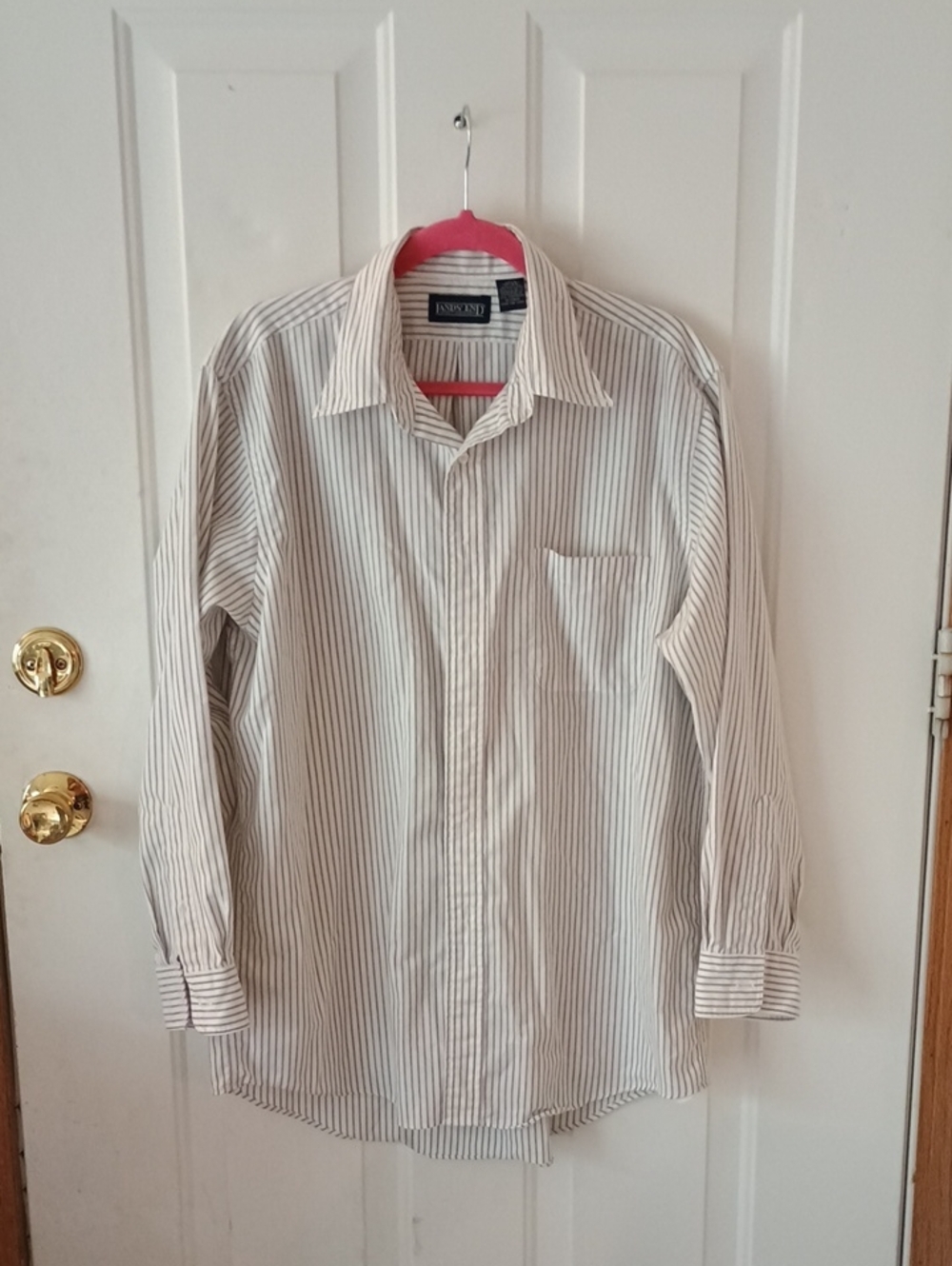 Lands' End White Dress Shirt with Grey Pinstripes